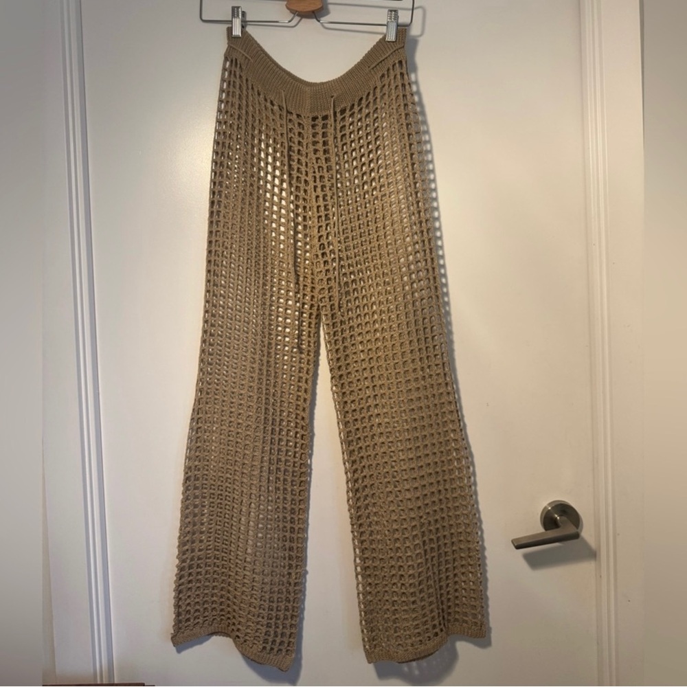 Crochet Knit Wide-Leg Beach Pants in Taupe